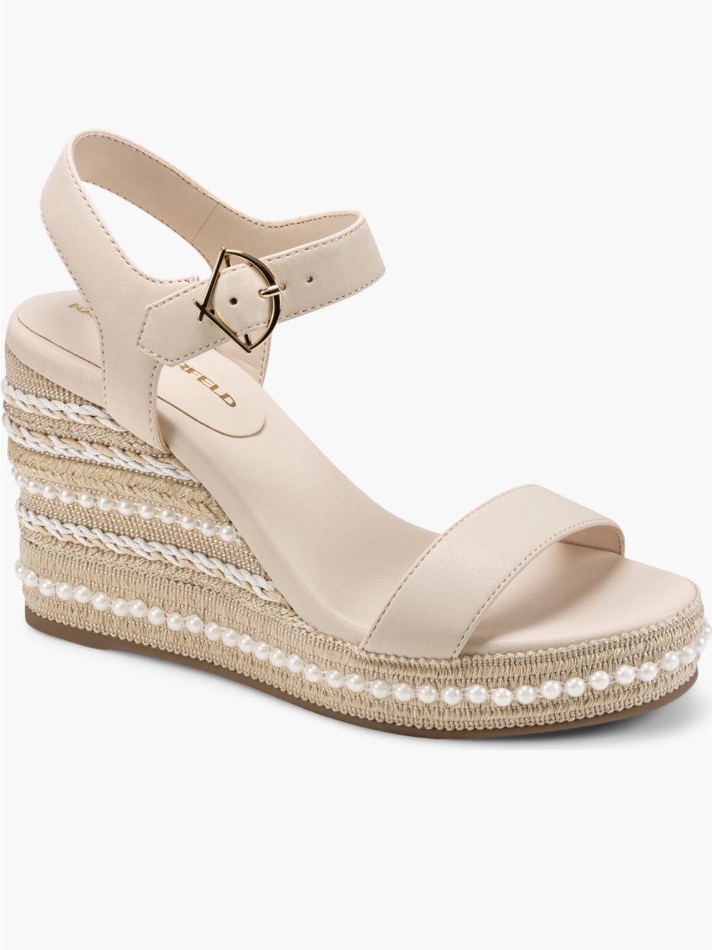 KARL LAGERFELD Beige Pearl-Trim Wedge Heel Sandals